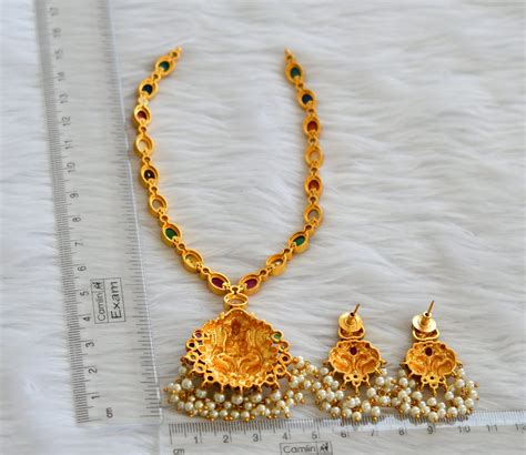 Antique gold tone navarathna oval stone lakshmi peacock necklace set d ...