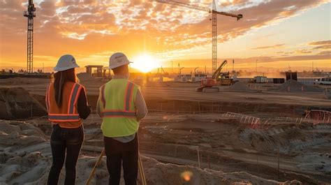 Two construction workers a man and a woman are standing on a hill of ...