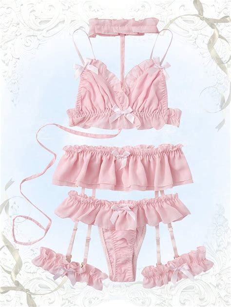 ROMWE Kawaii 6pcs Himekaji Solid Ruffle Trim Bow Decor Garter Lingerie ...