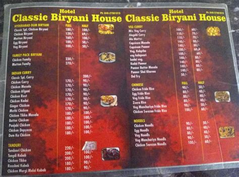 Menu at Classic Biryani House, Hyderabad