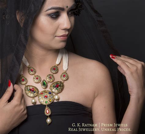 23k Gold and Diamond Polki hybrid Antique Navratna Necklace with tiny ...