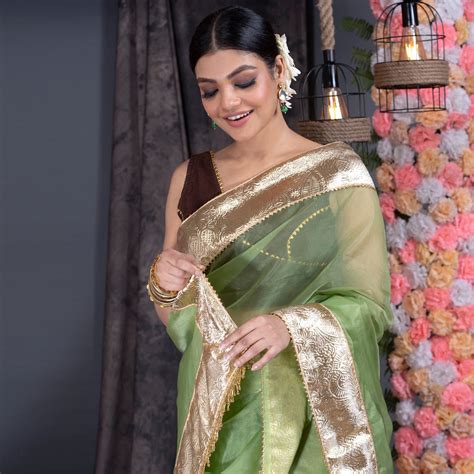 Green organza saree with gold gota border and fringe lace – Boveee