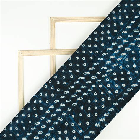 Navy Blue And White Bandhani Pattern Digital Print Crepe Silk Fabric ...