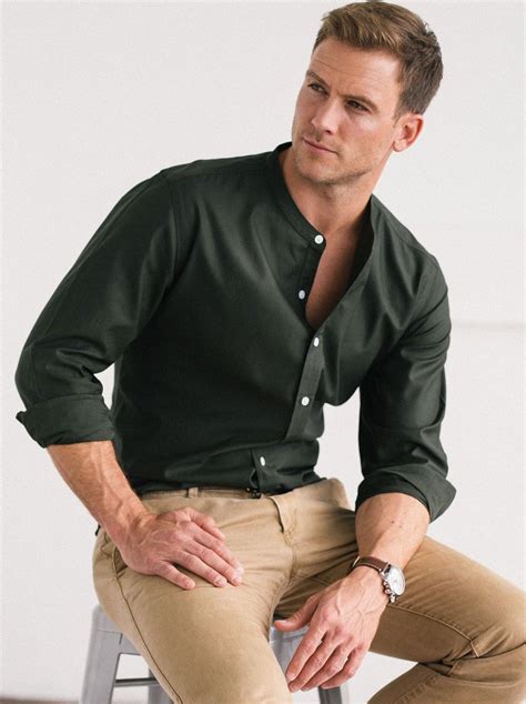 Batch Essential Band Collar Men's Shirt in Olive Green | Green shirt ...