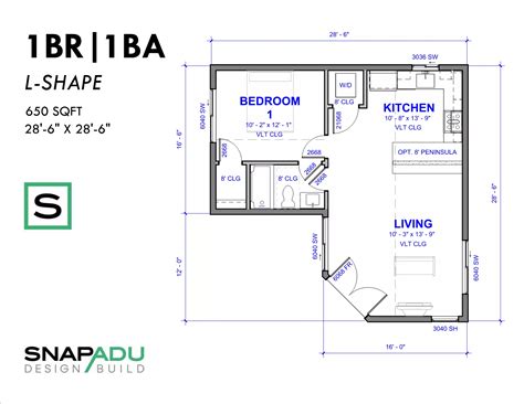 ADU Floor Plan - 1 Bedroom L-Shape ADU plan under 650 sqft | 1 bedroom ...