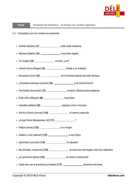 Spanish Grammar Exercise: Present Indicative - 20 sentences with ...