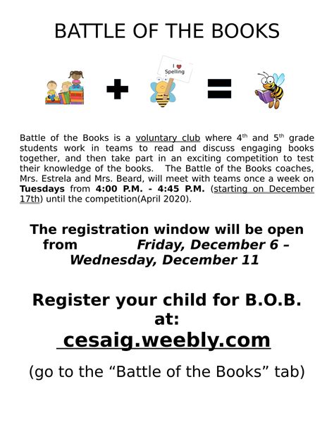 Battle of the Books Registration: 4th and 5th Graders | Cary Elementary ...