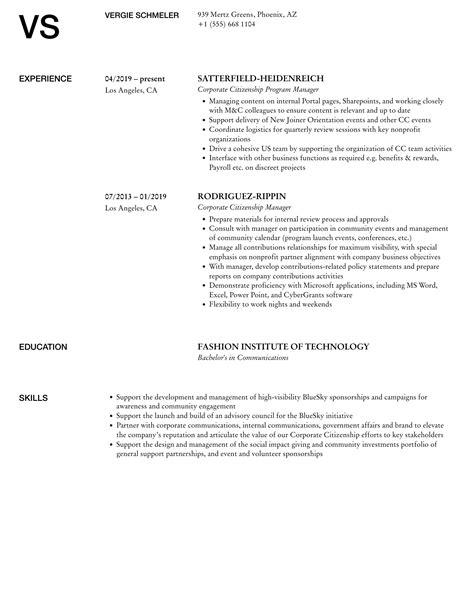 Corporate Citizenship Resume Samples | Velvet Jobs