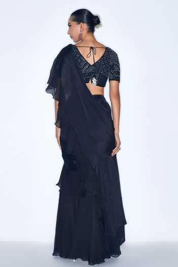 Buy Black Chiffon, Silk Organza, Pre Draped Ruffle Saree With ...