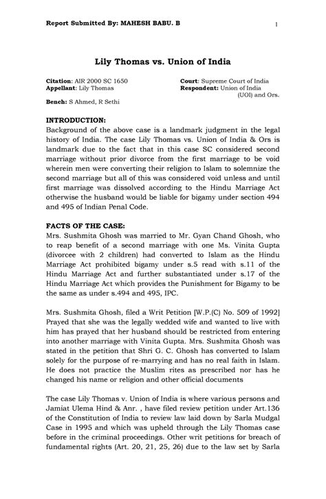 Report - LILY Thomas VS Union OF India - Lily Thomas vs. Union of India ...