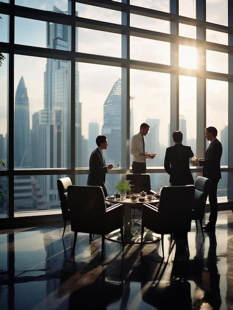 A group of business people are standing around a table in front of a ...