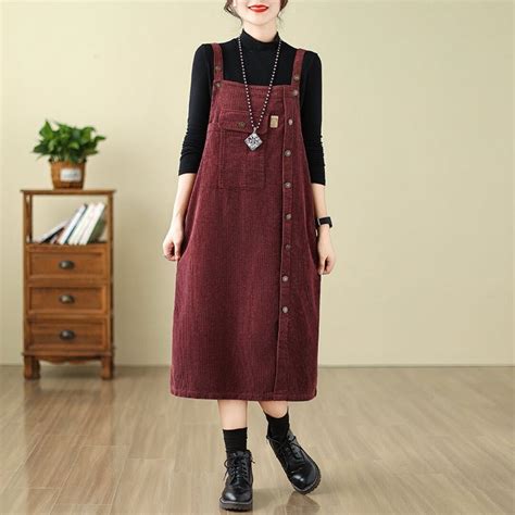Retro Button Corduroy Dress, Women Loose Corduroy Overall Dress, Simple ...