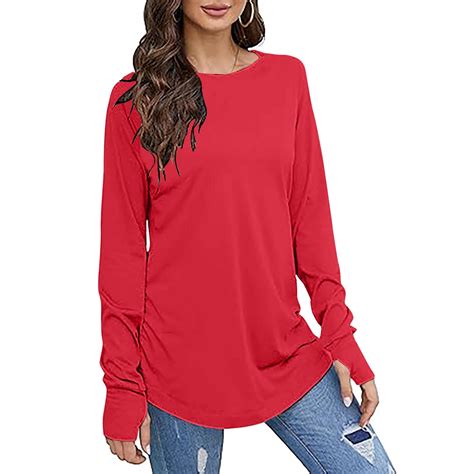 ELABCH Womens Shirts Long Sleeve Round Neck Thumb Hole Solid Color Long ...