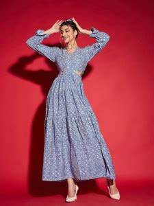 CHALODIA Women Maxi Blue, White Full Length Dress - Buy CHALODIA Women ...