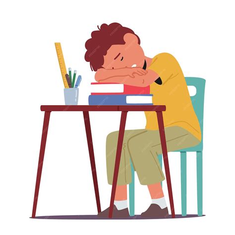 Young boy with learning issues rests his head on a cluttered desk with ...