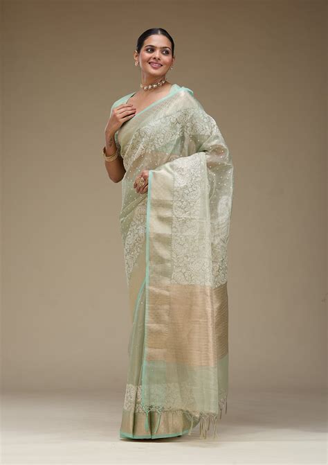 Buy Pista Green Zariwork Tissue Saree - Koskii