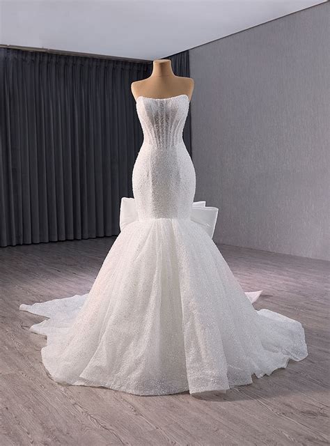 White Mermaid Satin Strapless Wedding Dress With Bow