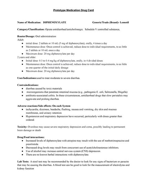 DRUG Cards 34-40 - Name of Medication: DIPHENOXYLATE Generic/Trade (Brand)- Lomotil - Studocu