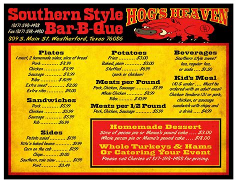Carta de Hog's Heaven BBQ, Weatherford, Fort Worth Hwy
