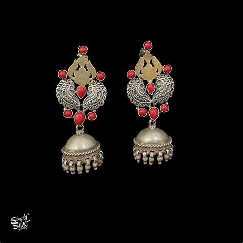 Dual Tone Statement Silver Jhumka with Red Coral Stone Setting - MH378 ...