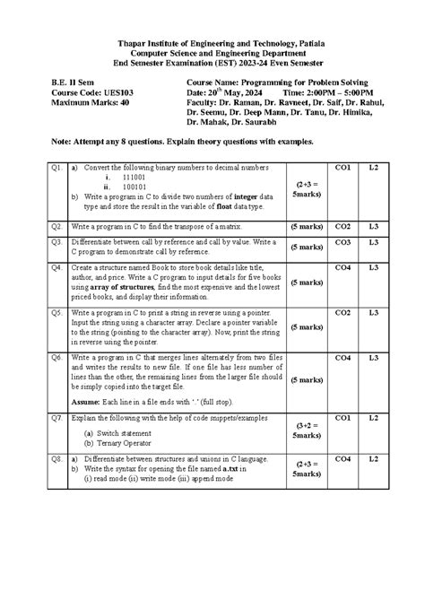 UES103 End Semester Exam 2023 - Programming for Problem Solving PYQs ...