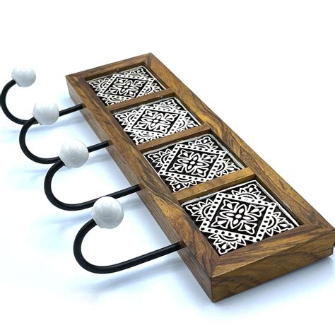 Hand Block Wooden 4-Hook Key Holder with Ceramic Knobs – JaipurCraft