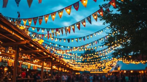 Festive string lights and triangular flags over a crowd in a market ...
