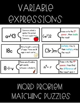 Image result for Variable Expression Word Problems Matching