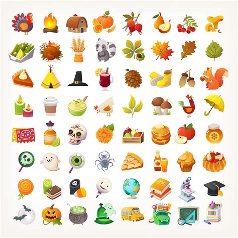 Premium Vector | Set of colorful autumn emoji Thanksgiving dinner food and dishes animals and ...