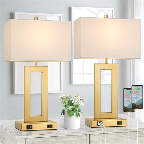 22’’ Table Lamps for Bedrooms Set of 2, Gold Bedside USB Desk Lamp with ...