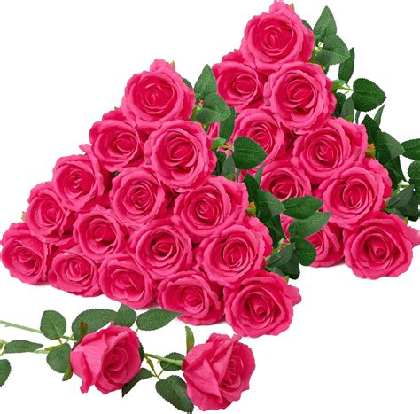 Amazon.com: Serwalin 30pcs Artificial Silk Roses Flowers, Hot Pink ...