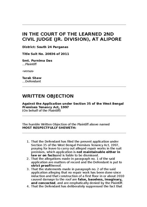 Written Objection in Title Suit No. 20836 of 2011 at Alipore - Studocu