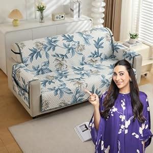HOKIPO Polyester 3 Seater Quilted Sofa Cover with Pockets, Celadon Blue ...
