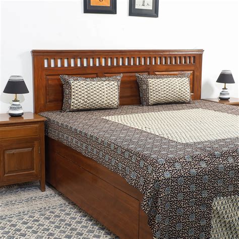 Ajrakh Patch Tukdi Kaam Cotton Double Bed Cover with Pillow Covers