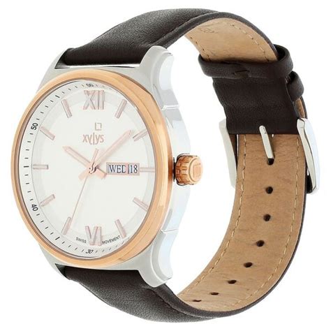 Buy Online Xylys Swiss Analog with Day Date Brown Leather Strap Silver ...