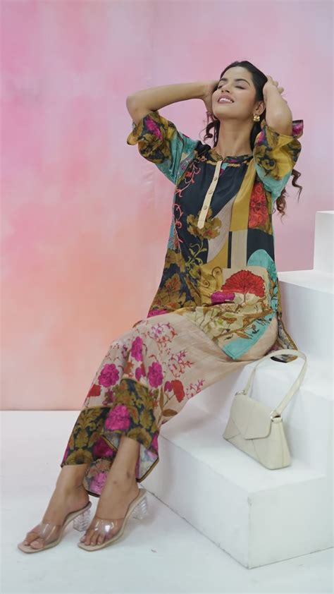 Black Base Multicolor Printed Crepe Kurta Set with Lurex Embroidery ...