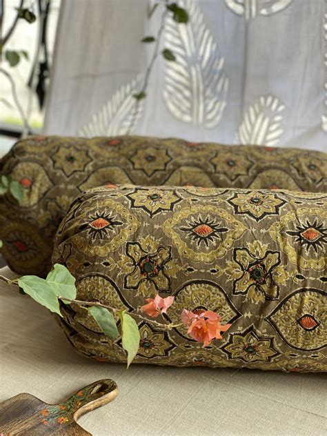 MUSTARD-BROWN ajrakh hand embroidered Bolster Cover (set Of 2)
