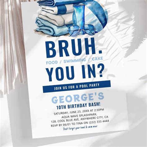 BRUH Blue Pool Party Boy Birthday Invitation | Zazzle | Pool birthday ...