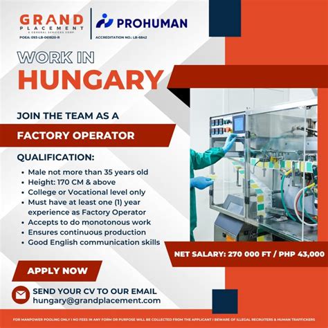 Hiring Factory Workers bound to Hungary under Grand Placement & General Services Corporation