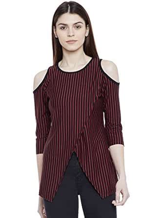 Buy HYPERNATION Red and Black Stripe Overlap Cotton Blend Cold Shoulder ...
