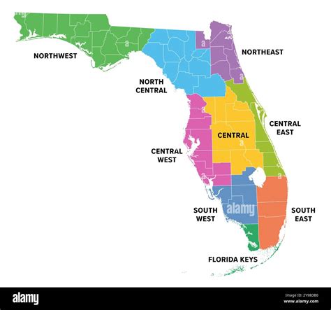Regions of Florida, a state in the Southeastern United States, colored ...