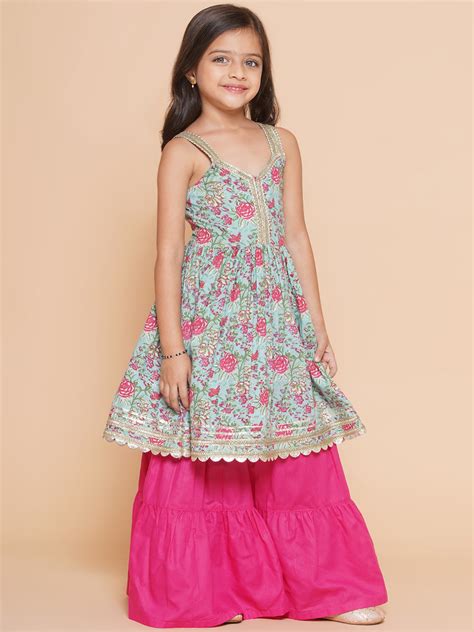 Shop Bitiya by Bhama Girls Blue Floral Printed Cotton Kurta With ...