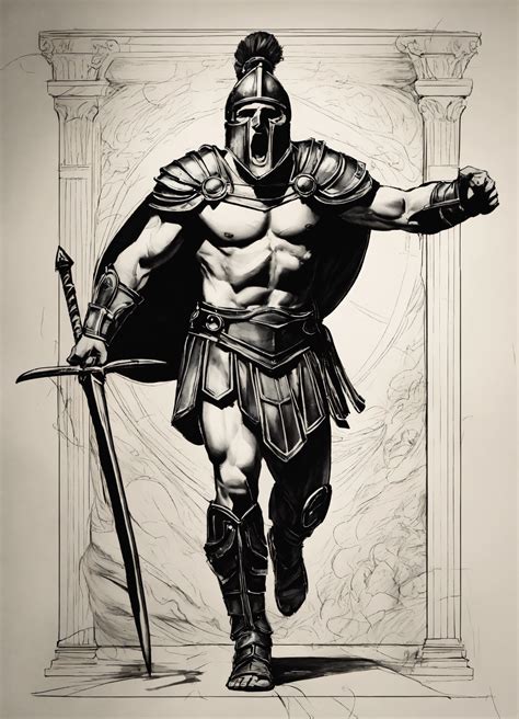Lexica - Sketch a realistic black and white linework for a tattoo of a Roman gladiator screaming ...