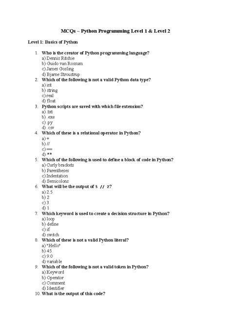 AI Python MCQ - Level 1 & Level 2 Programming Basics - Studocu