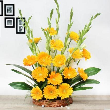 Yellow Gerbera and White Glad Floral Basket Arrangement - Indiagift
