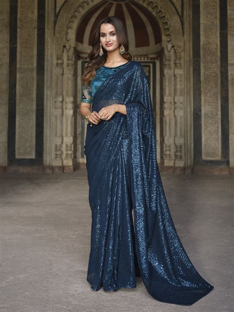 Gorgeous Teal Blue Sequin Embroidery Saree – Tirumala Designers