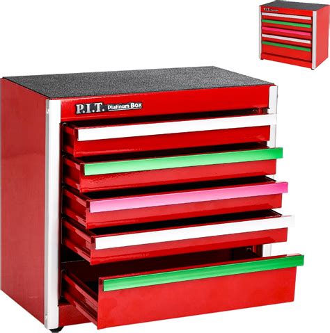 P.I.T. Mini Red Tool Box, Portable 5-Colorful Drawer Micro Roll Cab Steel Tool Box with Liner ...