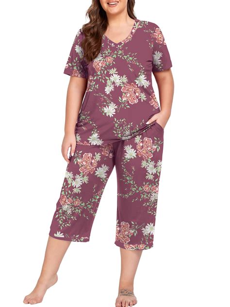 Cueply Women's Plus Size V-Neck Pajamas Set, Short Sleeve Sleepwear ...