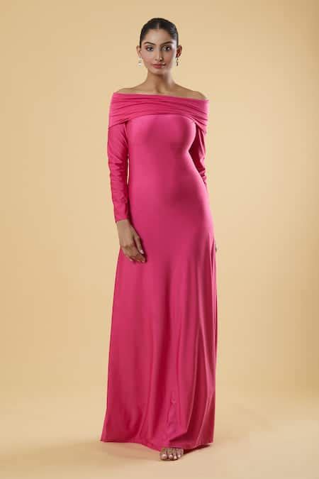 Buy Pink Polyester Solid Off Shoulder Overfold Full Sleeve Maxi Dress ...