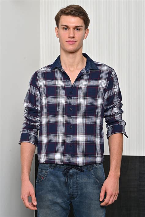 Onlive - Brushed Check Shirt With Denim Collar - Navy – POE.NET